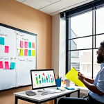 A diverse team brainstorming ideas in a modern, open office space. One person is writing on a whiteboard covered with colorful sticky notes and diagrams. The atmosphere is collaborative and energetic, with natural light streaming in through large windows.