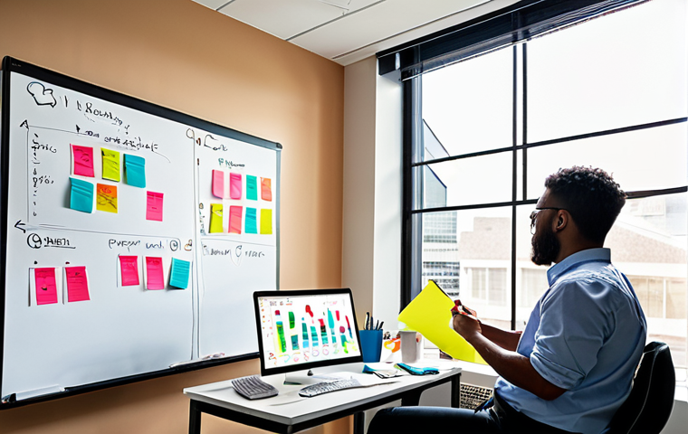 A diverse team brainstorming ideas in a modern, open office space. One person is writing on a whiteboard covered with colorful sticky notes and diagrams. The atmosphere is collaborative and energetic, with natural light streaming in through large windows.