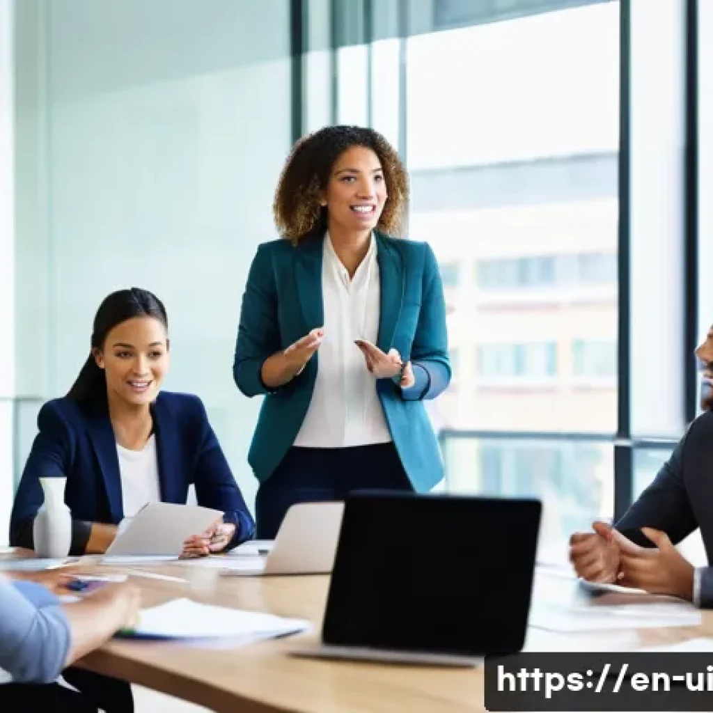 코칭 리더십의 기초 이론 정립 - A modern office setting with a diverse group of professionals engaged in a coaching leadership sessi...