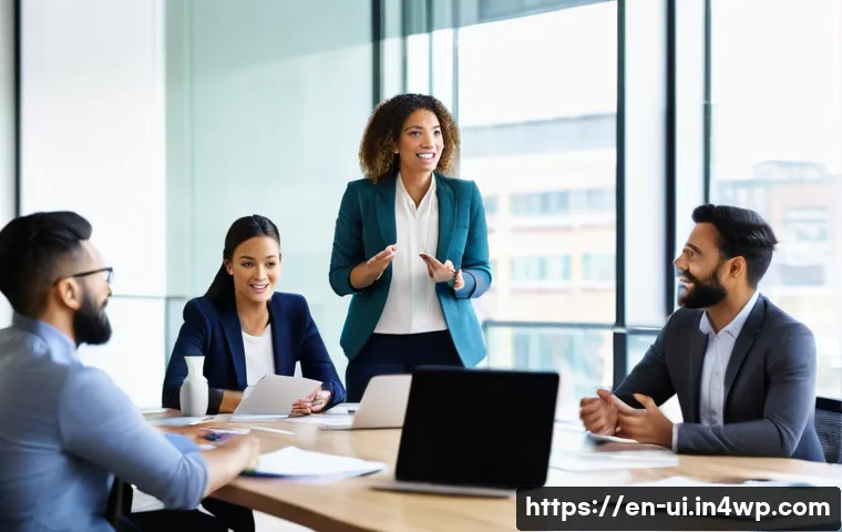 코칭 리더십의 기초 이론 정립 - A modern office setting with a diverse group of professionals engaged in a coaching leadership sessi...