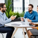 조직 내 코칭 문화 구축 전략 - A modern office setting showing a diverse group of employees engaged in casual peer-to-peer coaching...