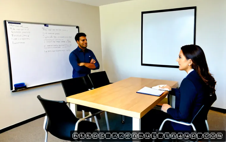 Home 14 코칭 리더십과 성과 관리 - Photorealistic corporate coaching session in a bright modern American office, an approachable middle...